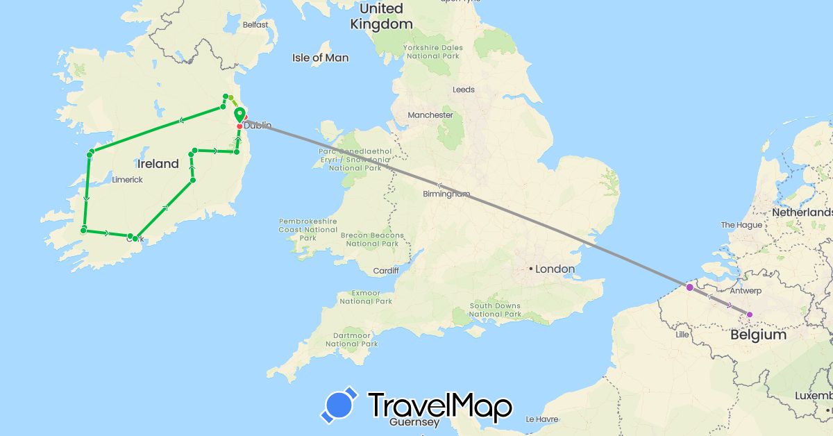 TravelMap itinerary: bus, plane, cycling, train, hiking, electric vehicle in Belgium, Ireland (Europe)